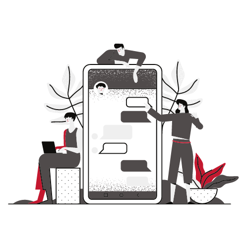 Content: Drei Personen stehen rund um ein Smartphone mit eingeblendeter Messengerapp