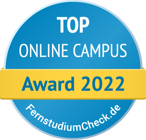Blau-gelbes Gütesiegel Top Online Campus im Jahr 2022 von Fernstudiumcheck für die Business Academy Ruhr