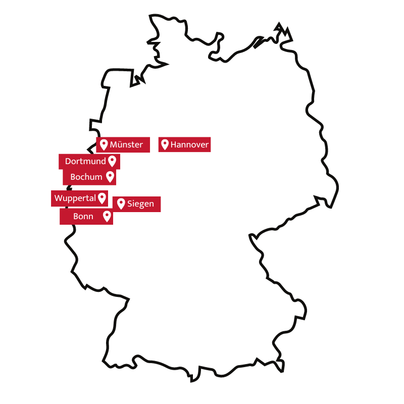 Deutschlandkarte von den Standorten der Weiterbildungen der Business Academy Ruhr (rote Dots)