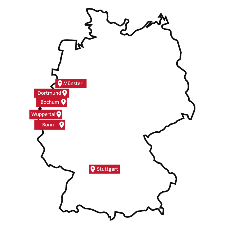 Deutschlandkarte von den Standorten der Weiterbildungen der Business Academy Ruhr (rote Dots)
