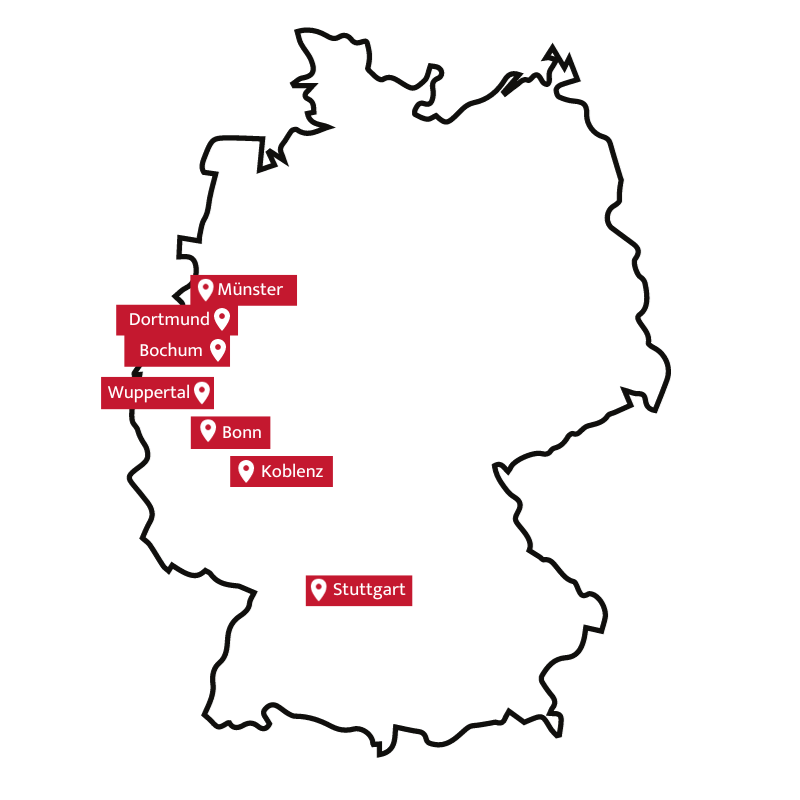 Partner Standorte in einer Deutschlandkarte in rot markiert