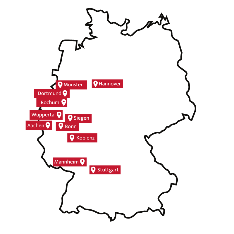 Partner der Business Academy Ruhr (Stand Juni 2023) auf einer Deutschlandkarte