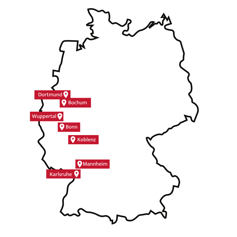 Partner Standorte in einer Deutschlandkarte in rot markiert
