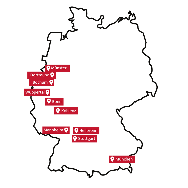 10 Partner Standorte KI-Learning Developer (IHK) rot auf einer Deutschlandkarte markiert