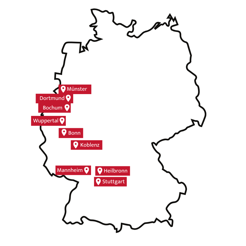 9 Partner Standorte KI-Texter (IHK) rot auf einer Deutschlandkarte markiert