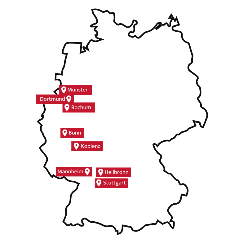8 Orte rot auf einer Deutschlandkarte markiert