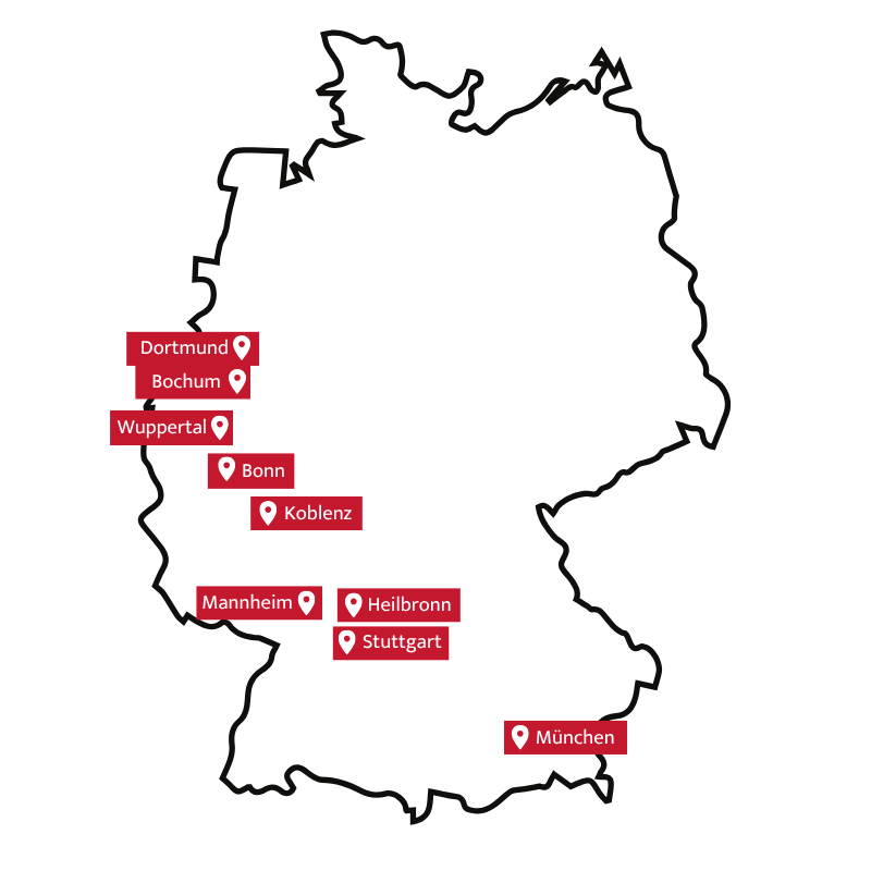 9 Orte auf einer Deutschlandkarte markiert