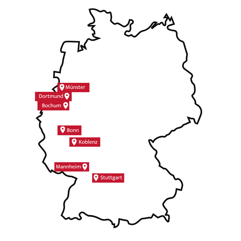 7 Orte rot auf einer Deutschlandkarte markiert