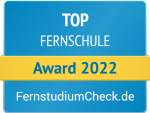 Blau-gelbes Gütesiegel Top Fernschule im Jahr 2022 von Fernstudiumcheck für die Business Academy Ruhr
